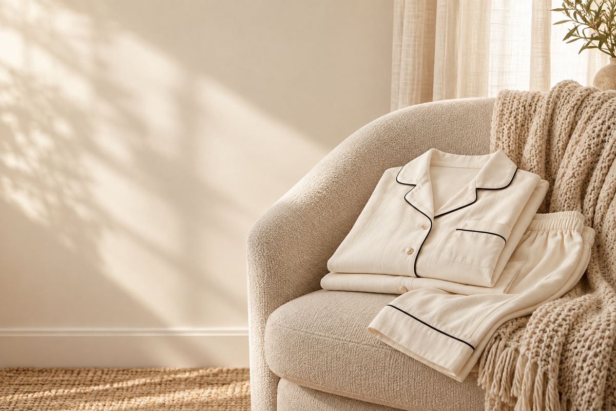 Ivory pajamas folded on a cozy chair