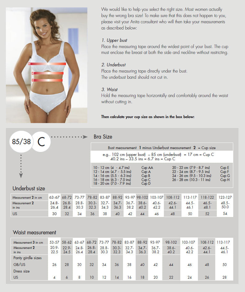 Size chart for Anita Comfort Havanna Support Bra