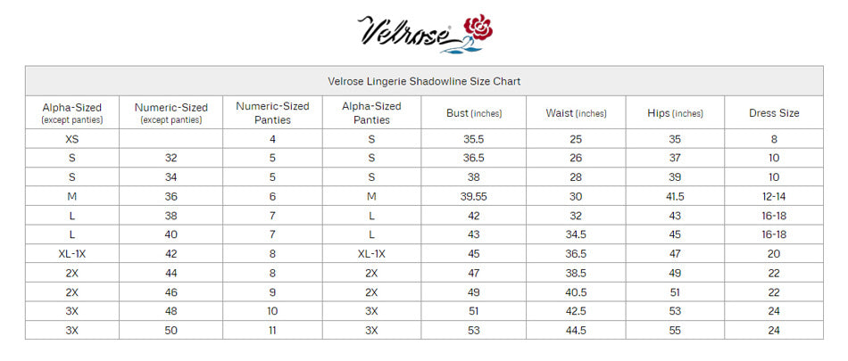 Size chart for Shadowline Lingerie by Velrose Long Stretch Lace Bodice Nightgown