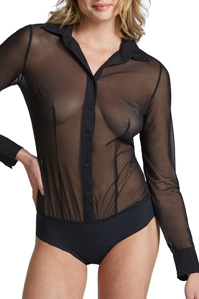 Commando Chic Mesh Button Down Bodysuit - Black - source image 64273