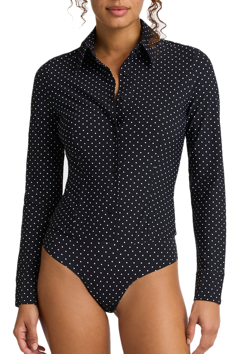 Commando Classic Button Down Bodysuit - Black + White Polka Dot