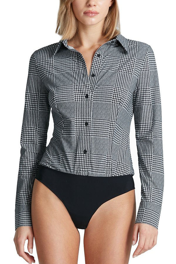 Commando Classic Button Down Bodysuit - Houndstooth Plaid
