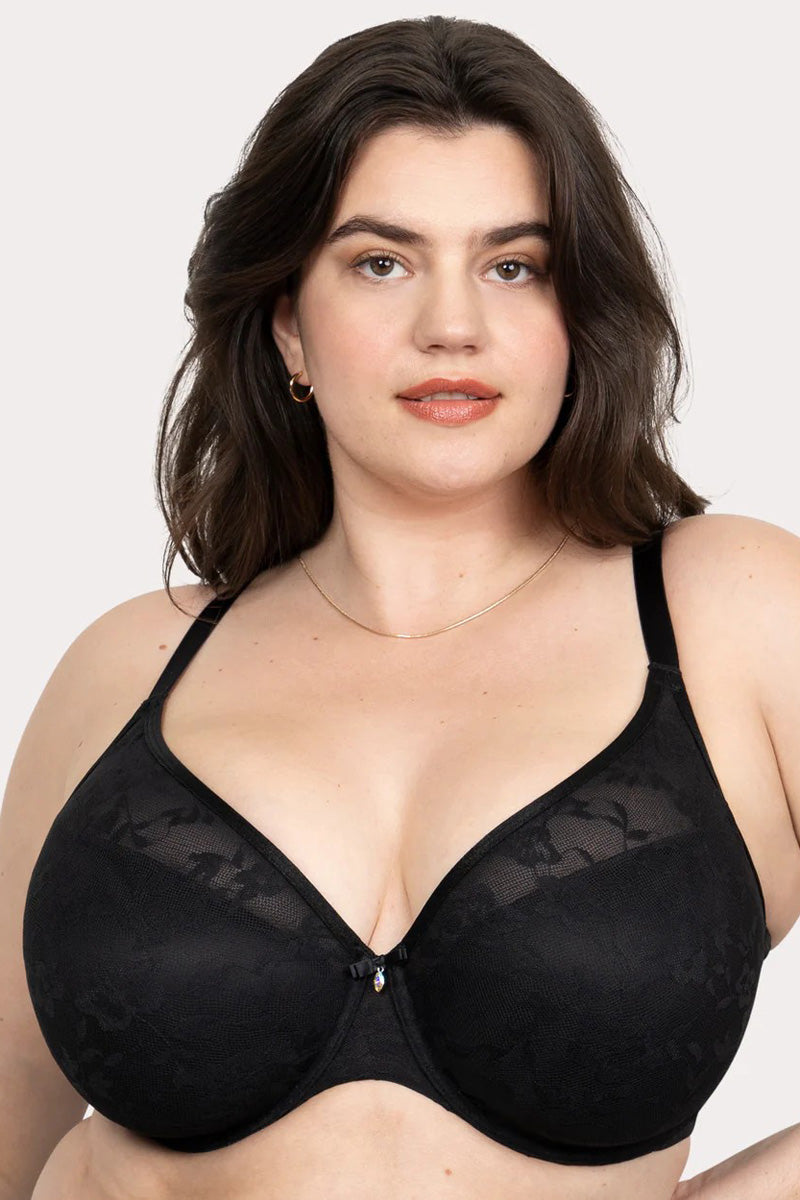 Curvy Couture No-Show Lace Plunge T-Shirt Bra - Black Hue - source image 71765