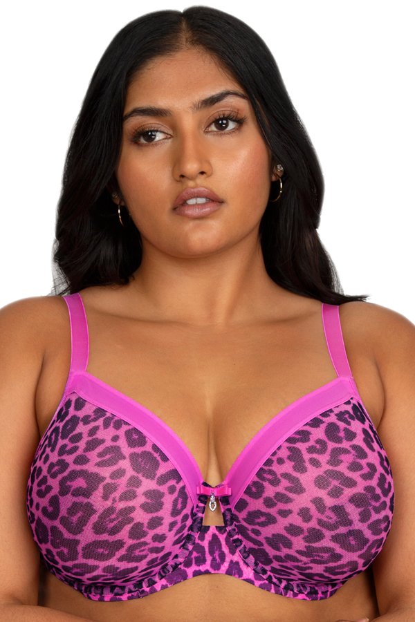 Curvy Couture Sheer Mesh Unlined Bra - Pink Leopard - source image 61073