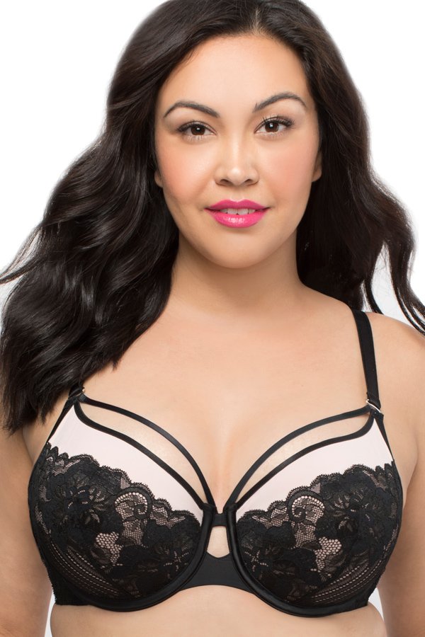 Curvy Couture Tulip Strappy Lace Push Up Bra - Black Adobe Rose - source image 37510