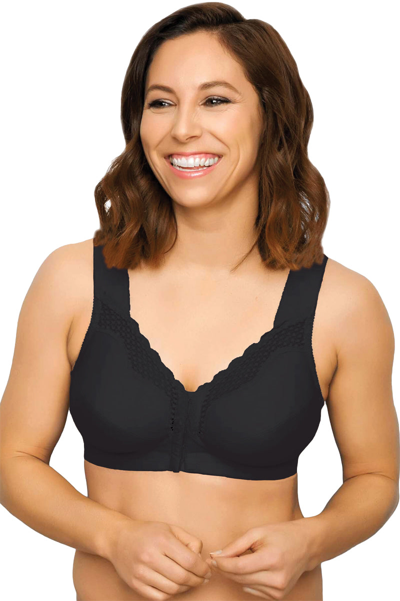 Exquisite Form Fully Front Close Cotton Posture Bra With Lace - Black - source image 29529