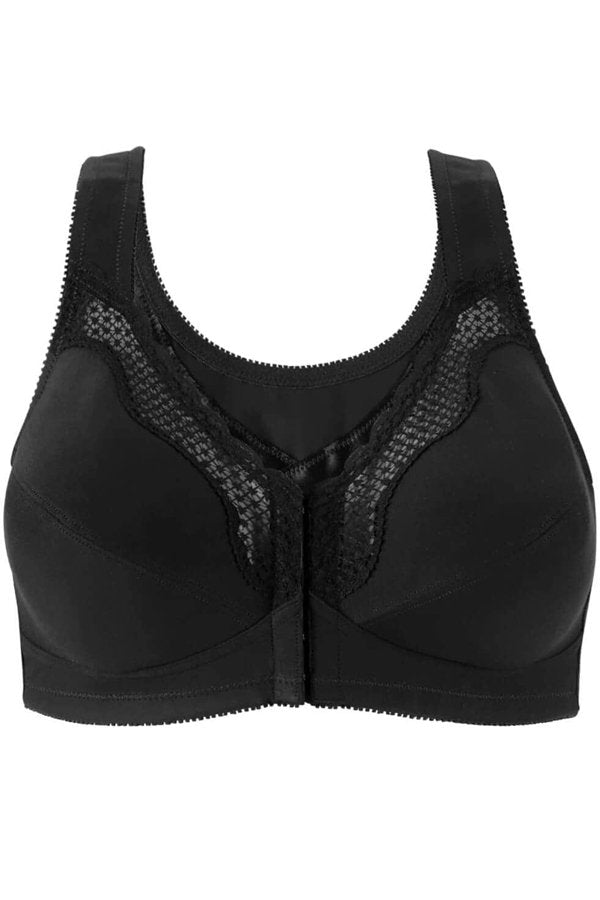 Exquisite Form Fully Front Close Cotton Posture Bra With Lace - Black - source image 42724