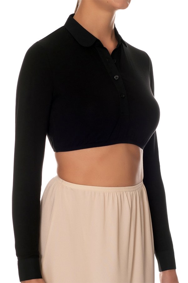 Gemsli Long Sleeve Crop Shell Top with Round Collar and Cuff - Black - source image 41602