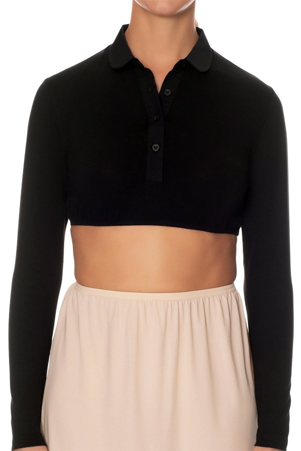 Gemsli Long Sleeve Crop Shell Top with Round Collar - Black - source image 41595