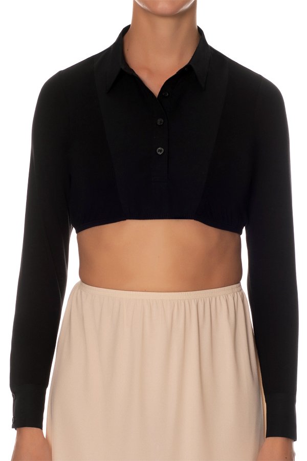 Gemsli Long Sleeve Crop Shell Top with Woven Collar and Cuff - Black - source image 41610