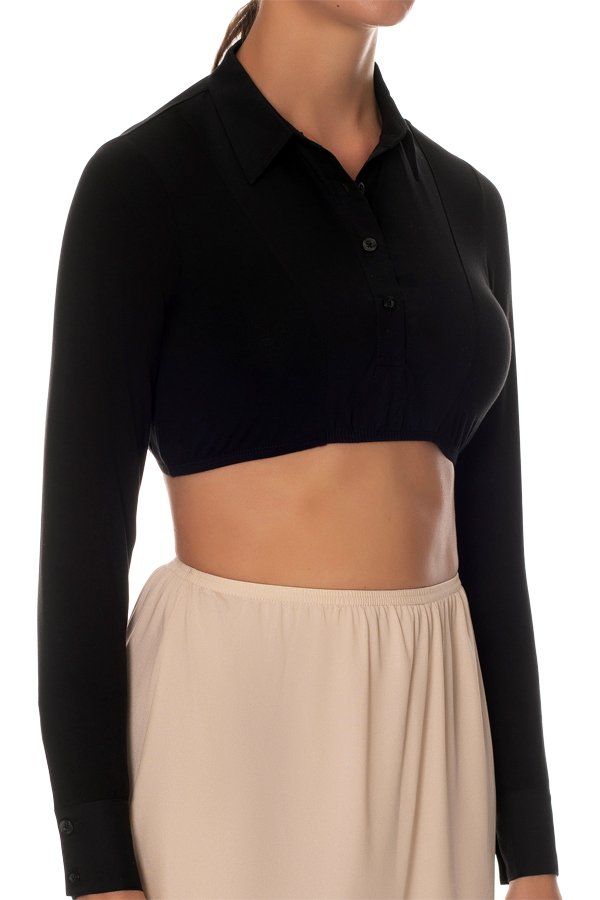 Gemsli Long Sleeve Crop Shell Top with Woven Collar and Cuff - Black - source image 41611