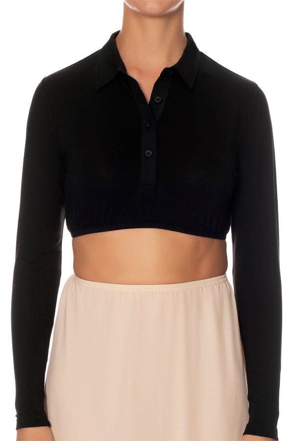 Gemsli Long Sleeve Crop Top with Pointy Collar - Black - source image 41580