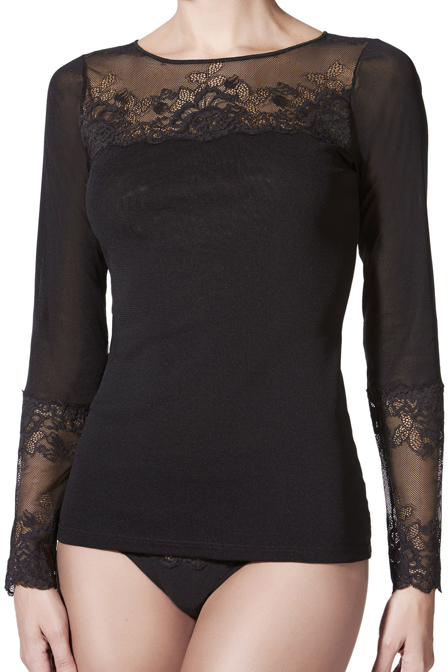 Janira Glamour Greta Long Sleeve Mesh Top with Lace 115 - Black - source image 37043