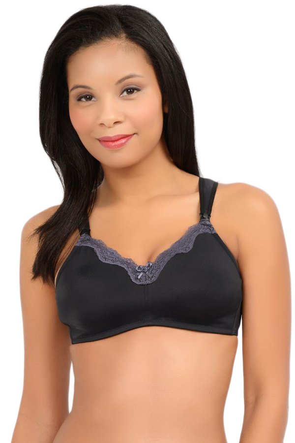 La Leche League Contrast Lace Wireless Nursing Bra - Black/Charcoal - source image 31439