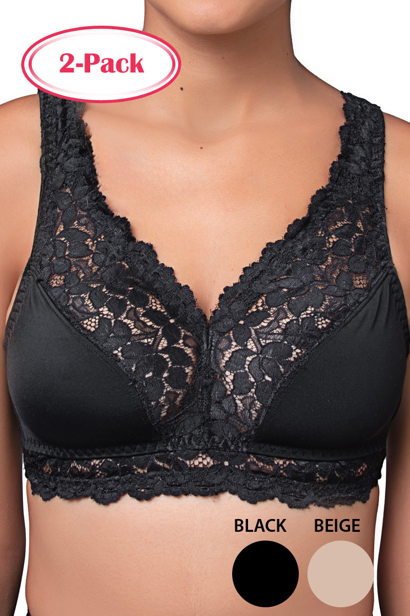 Lunaire Wire Free Lace Bralette with Lined Cups, 2-Pack - Black/Warm Beige - source image 71796