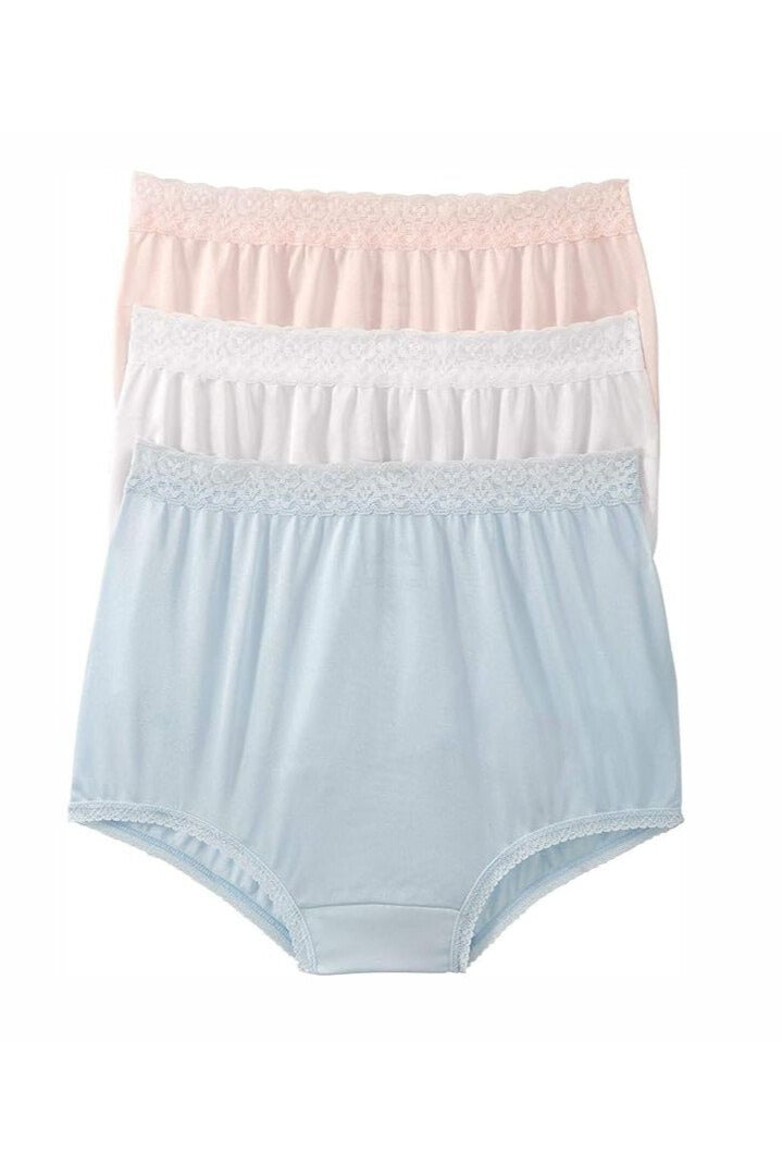 National Full-Coverage Comfort Panties All-Nylon Lace Trim with Cotton-Lined Crotch - Pink/White/Blue - source image 70631