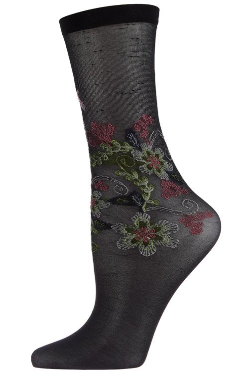 Natori Cascading Cyprus Floral Sheer Crew Sock - Black - source image 54219