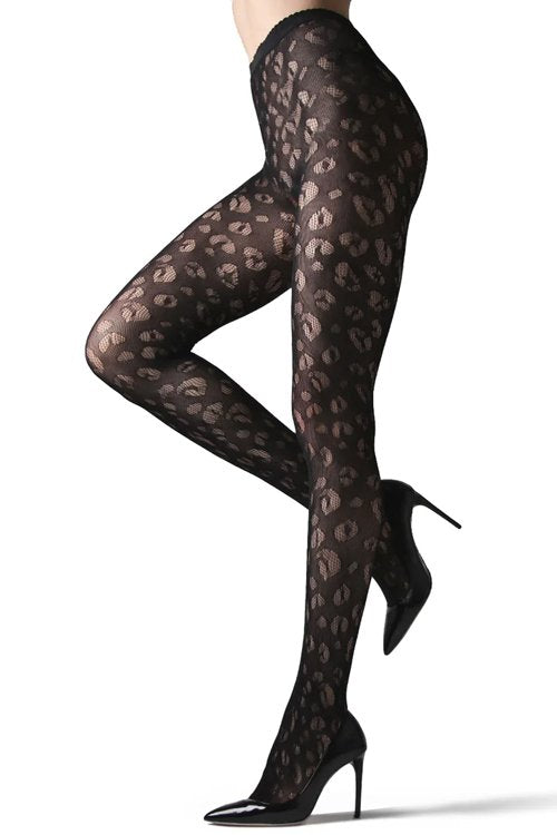 Natori Leopard Print Semi-Opaque Net Tights - Black - source image 54403