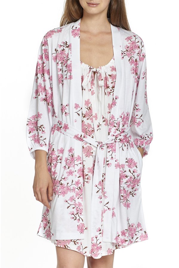 P.Jamas Knit Cherry Blossoms Short Robe - Pink/White - source image 32026