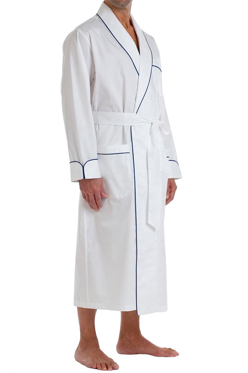 P.Jamas Men's White Classics Robe - White w/ Blue Navy Trim - source image 60941