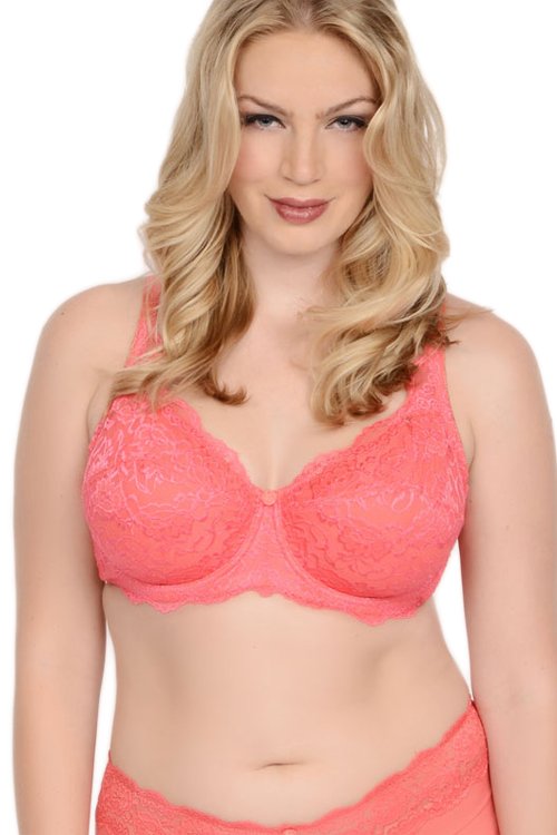 QT Intimates Lace Underwired Bra with No Padding - Coral - source image 18301