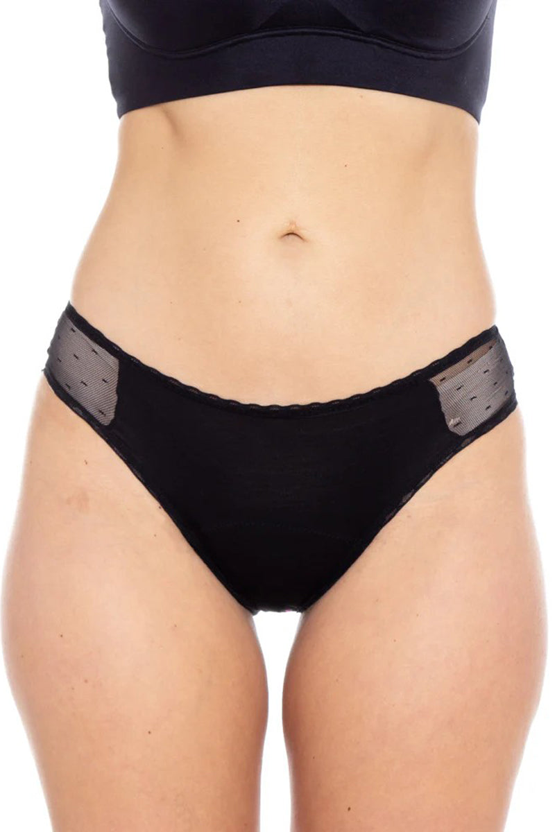 Rhonda Shear Lace Trim Leakproof Bikini with Sheer Side Panels - Moderate Hold - Black - source image 74026