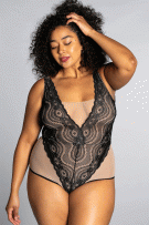 Rhonda Shear Up All Night Lace Bodysuit - Beige/Black - source image 73486