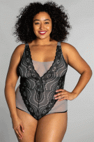 Rhonda Shear Up All Night Lace Bodysuit - Grey/Black - source image 73488