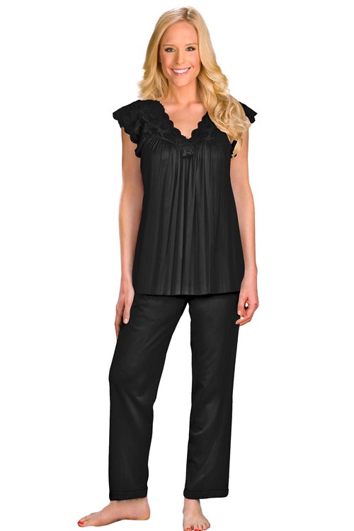 Shadowline Lingerie by Velrose Lace Cap Sleeve Pajama Set - Black - source image 46299