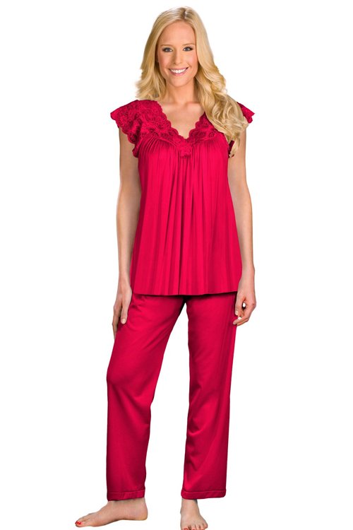 Shadowline Lingerie by Velrose Lace Cap Sleeve Pajama Set - Red - source image 46303