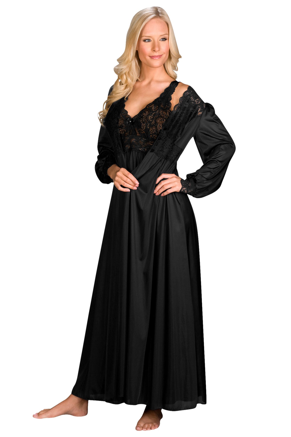 Shadowline Lingerie by Velrose Long Lace Bodice Button Down Robe - Black