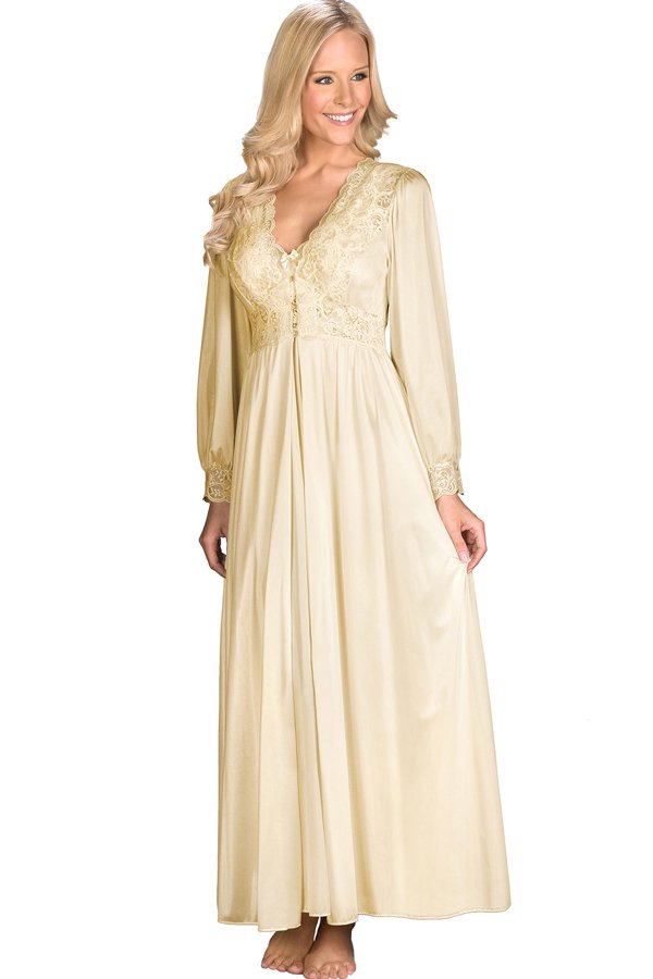 Shadowline Lingerie by Velrose Long Lace Bodice Button Down Robe - Ivory