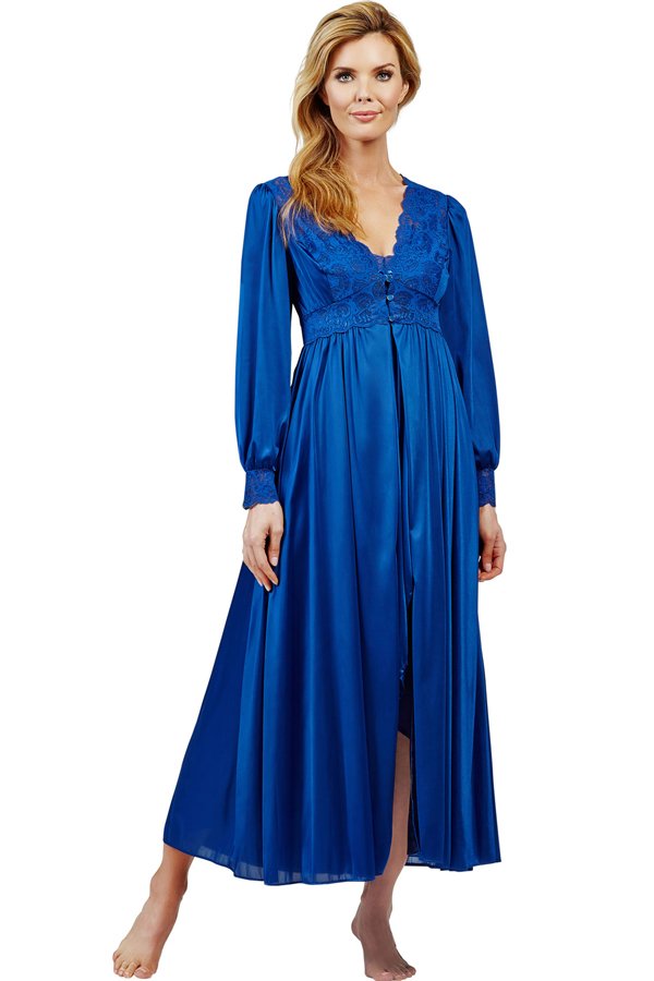 Shadowline Lingerie by Velrose Long Lace Bodice Button Down Robe - Navy