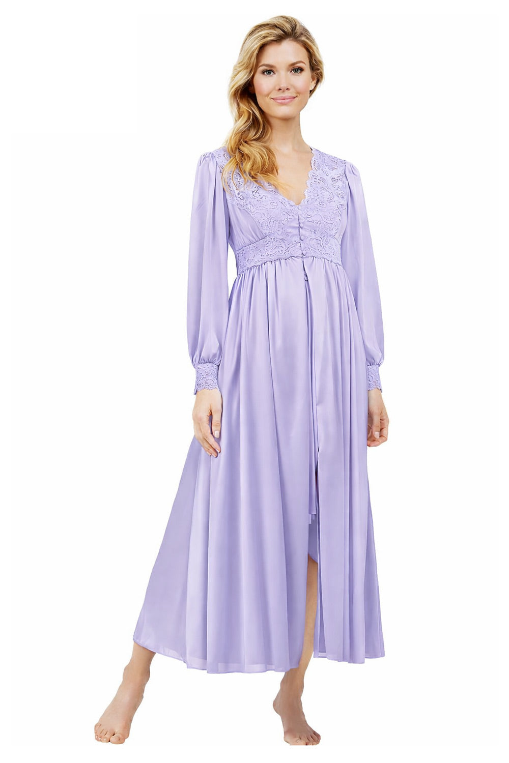 Shadowline Lingerie by Velrose Long Lace Bodice Button Down Robe - Peri Frost