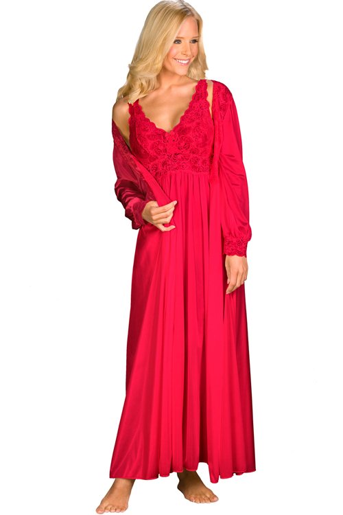 Shadowline Lingerie by Velrose Long Lace Bodice Button Down Robe - Red