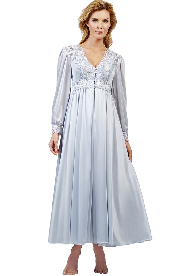 Shadowline Lingerie by Velrose Long Lace Bodice Button Down Robe - Silver