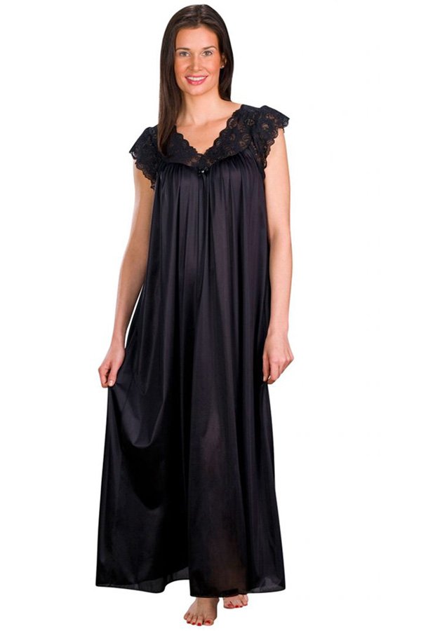 Shadowline Lingerie by Velrose Long Lace Cap Sleeve Nightgown - Black - source image 46334
