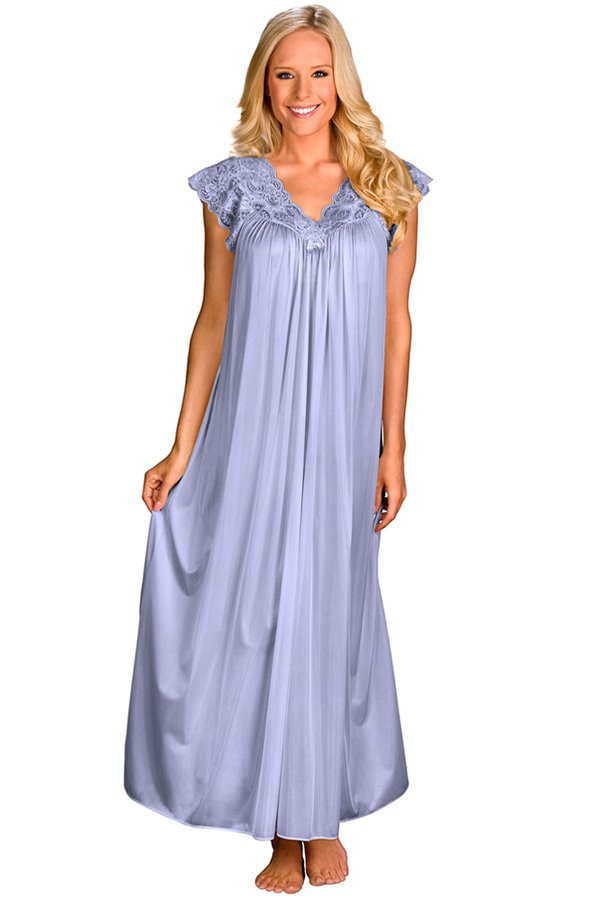 Shadowline Lingerie by Velrose Long Lace Cap Sleeve Nightgown - Peri Frost - source image 46333
