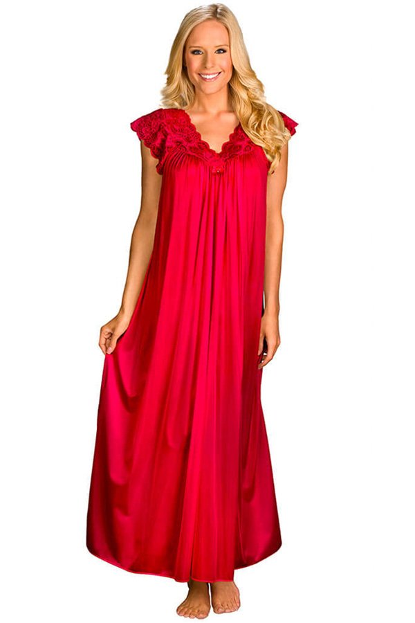 Shadowline Lingerie by Velrose Long Lace Cap Sleeve Nightgown - Red - source image 46331