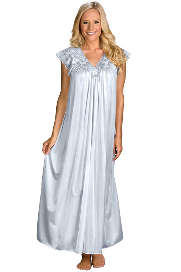 Shadowline Lingerie by Velrose Long Lace Cap Sleeve Nightgown - Silver - source image 46335