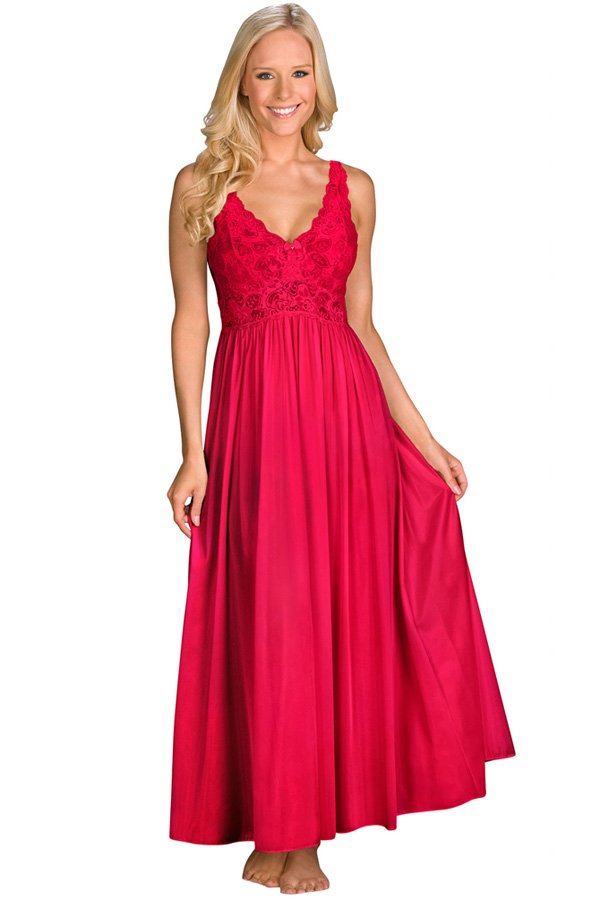 Shadowline Lingerie by Velrose Long Stretch Lace Bodice Nightgown - Red - source image 46276