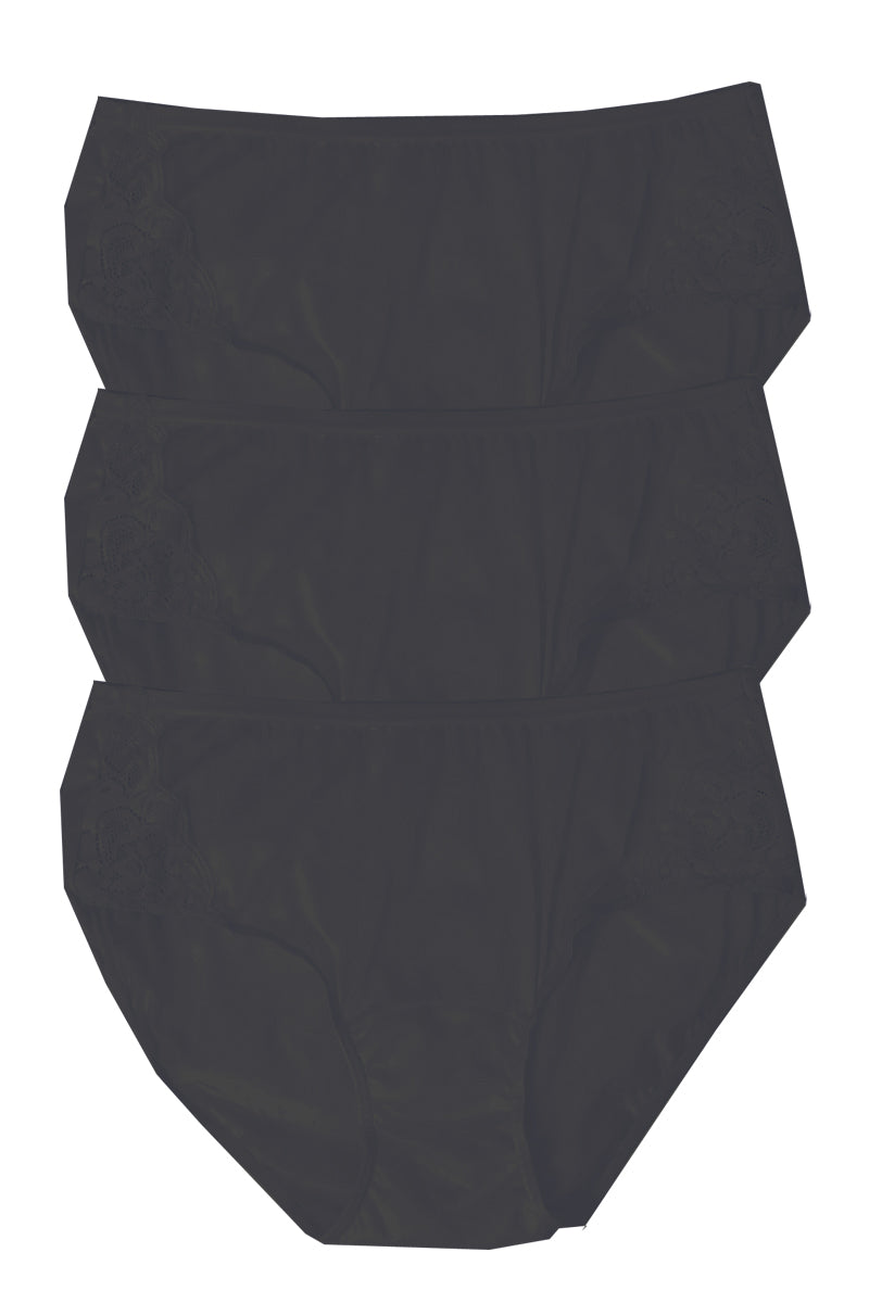 Shadowline Lingerie by Velrose Nylon Hipster Panty with Lace, 3-Pack - Black - source image 61732