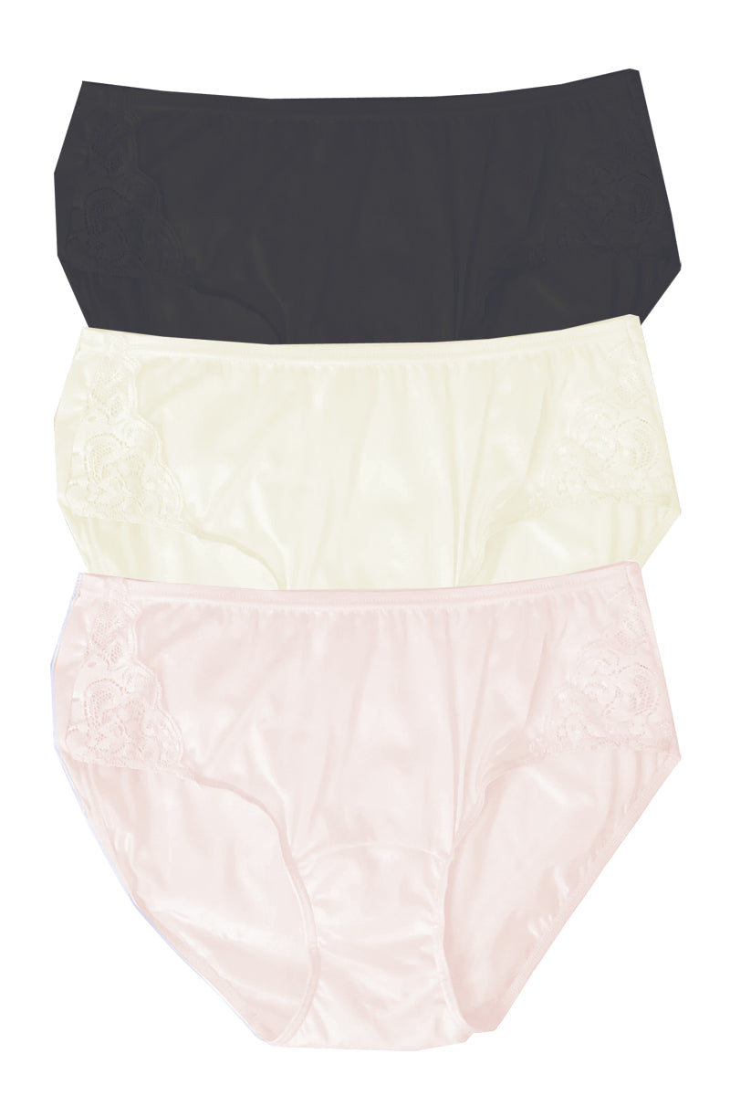 Shadowline Lingerie by Velrose Nylon Hipster Panty with Lace, 3-Pack - Blush/Ivory/Black - source image 61730