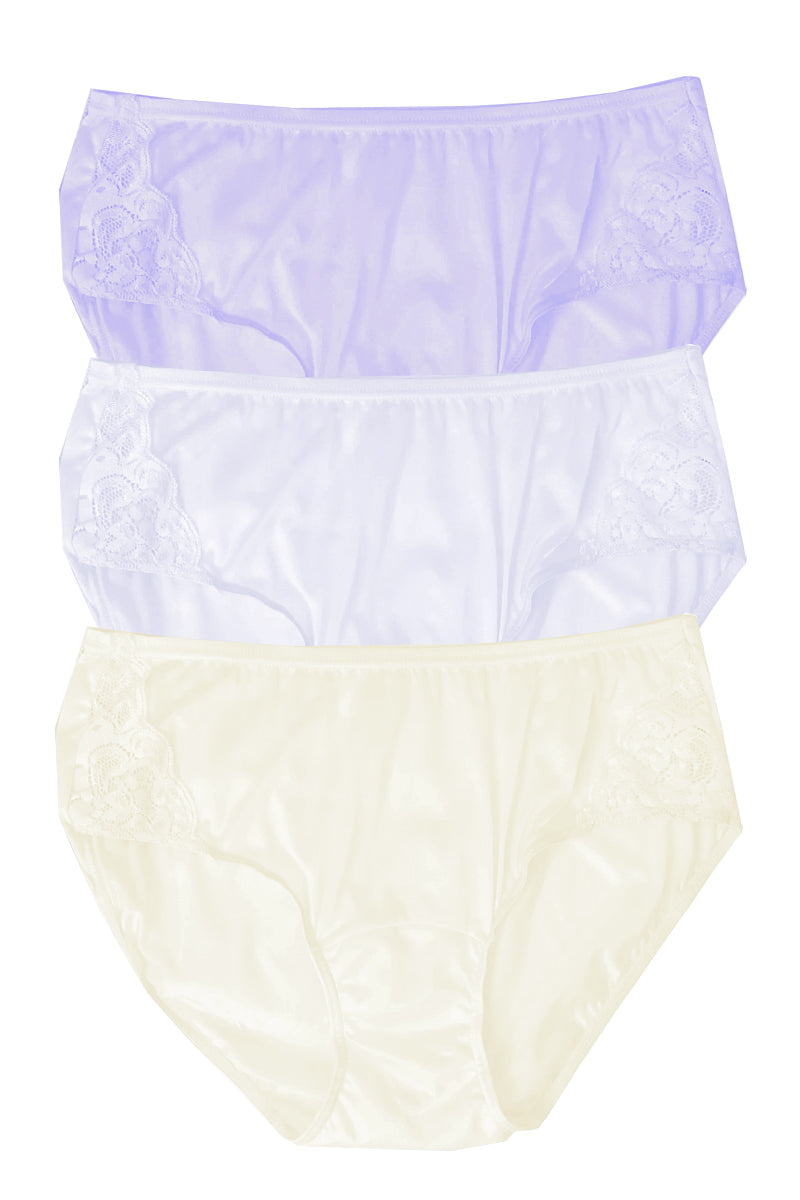 Shadowline Lingerie by Velrose Nylon Hipster Panty with Lace, 3-Pack - Ivory/Silver/Peri Frost - source image 61724