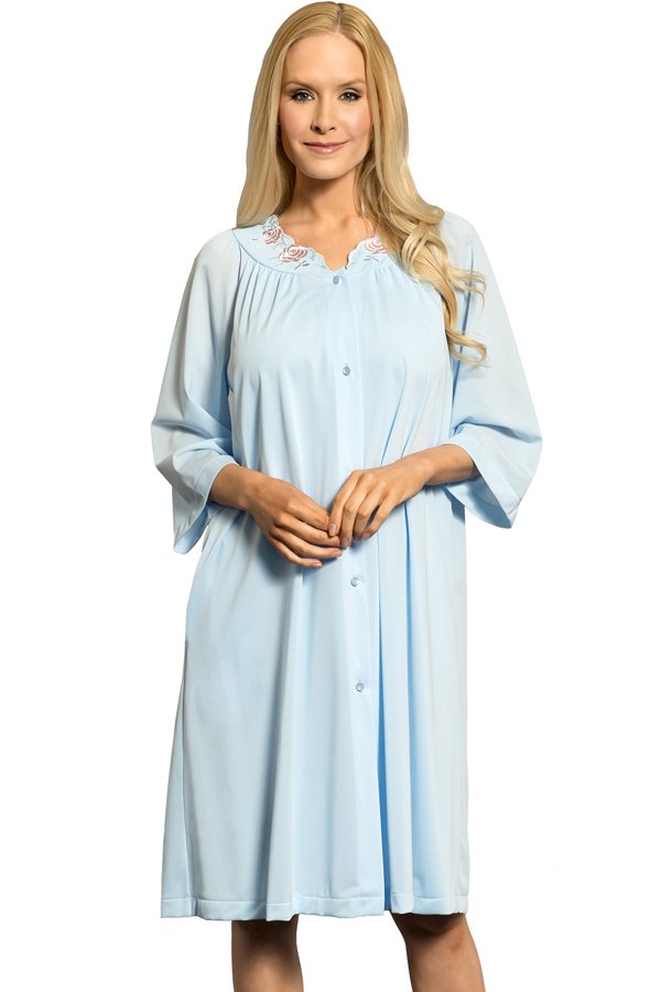 Shadowline Lingerie by Velrose Short 3/4 Sleeve Button Down Robe - Blue - source image 46313
