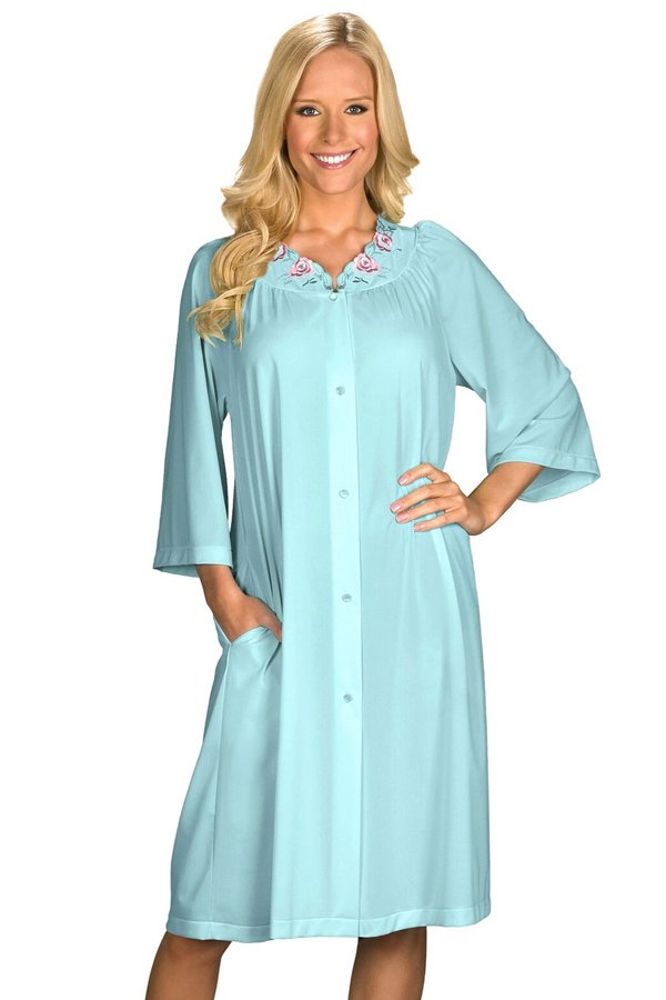 Shadowline Lingerie by Velrose Short 3/4 Sleeve Button Down Robe - Seafoam - source image 46308