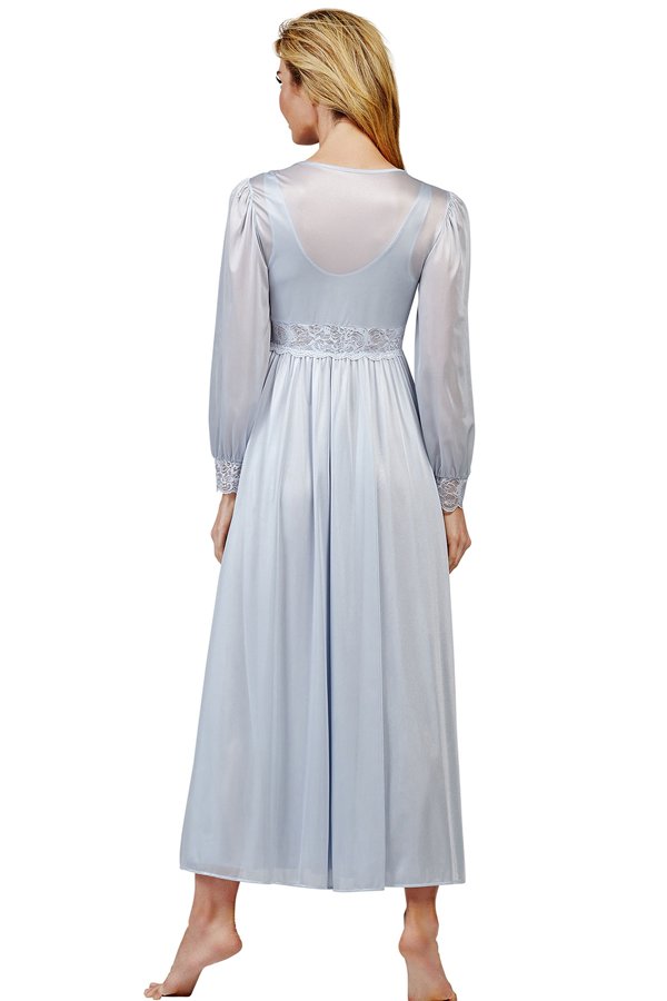 Shadowline Lingerie by Velrose Long Lace Bodice Button Down Robe - Silver